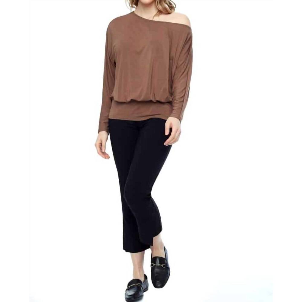 NEW UP! women's bamboo knit off-the-shoulder long sleeve top in camel